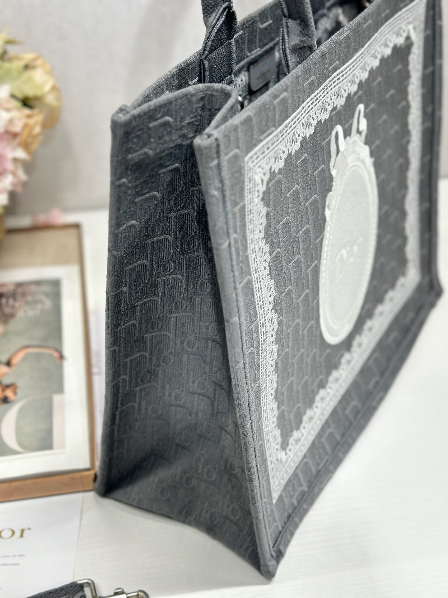 DIOR 26S BOOK TOTE BAG 42 IN GREY AND WHITE LACE BAYADERE FABRIC