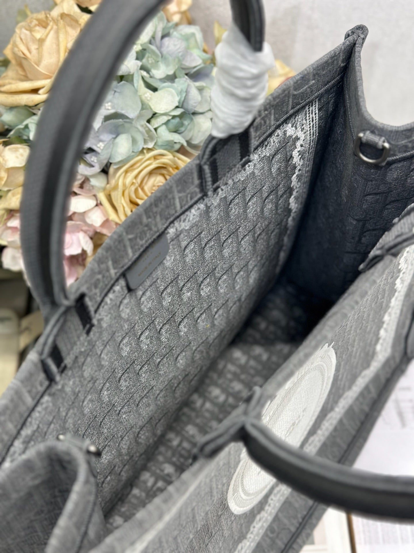 DIOR 26S BOOK TOTE BAG 42 IN GREY AND WHITE LACE BAYADERE FABRIC