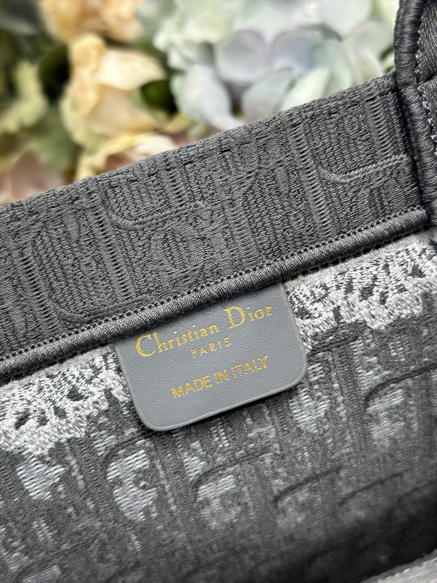 DIOR 26S BOOK TOTE BAG 42 IN GREY AND WHITE LACE BAYADERE FABRIC