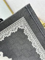 DIOR 26S BOOK TOTE BAG 42 IN GREY AND WHITE LACE BAYADERE FABRIC