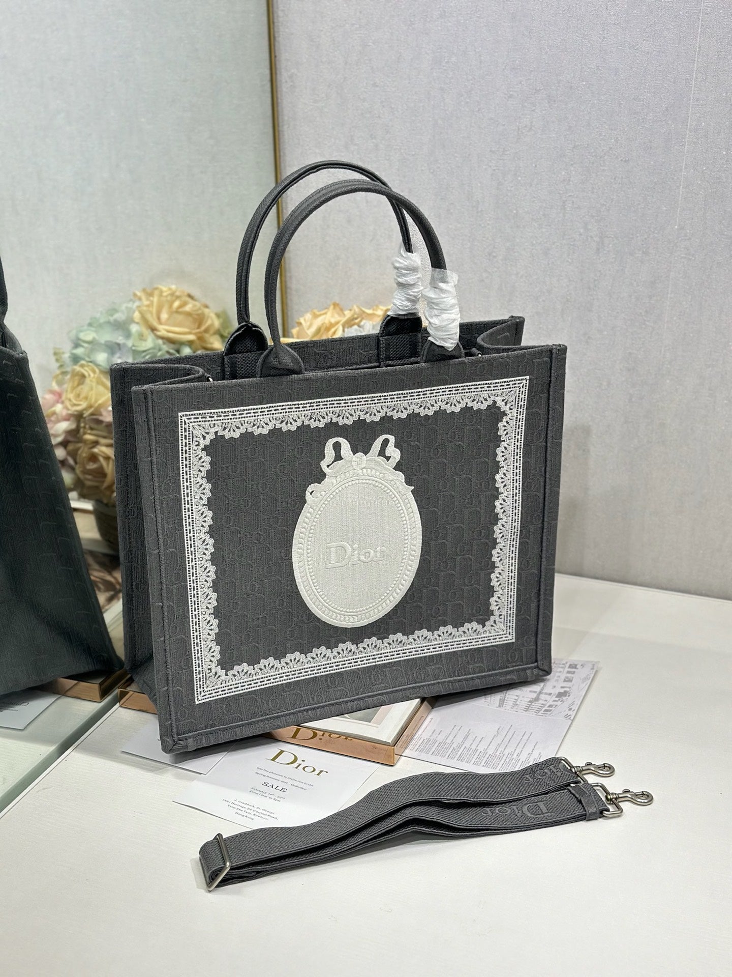 DIOR 26S BOOK TOTE BAG 42 IN GREY AND WHITE LACE BAYADERE FABRIC