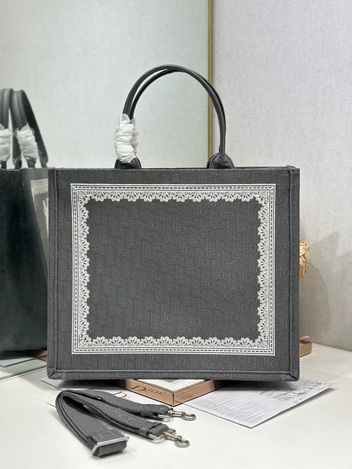 DIOR 26S BOOK TOTE BAG 42 IN GREY AND WHITE LACE BAYADERE FABRIC