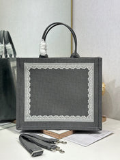 DIOR 26S BOOK TOTE BAG 42 IN GREY AND WHITE LACE BAYADERE FABRIC