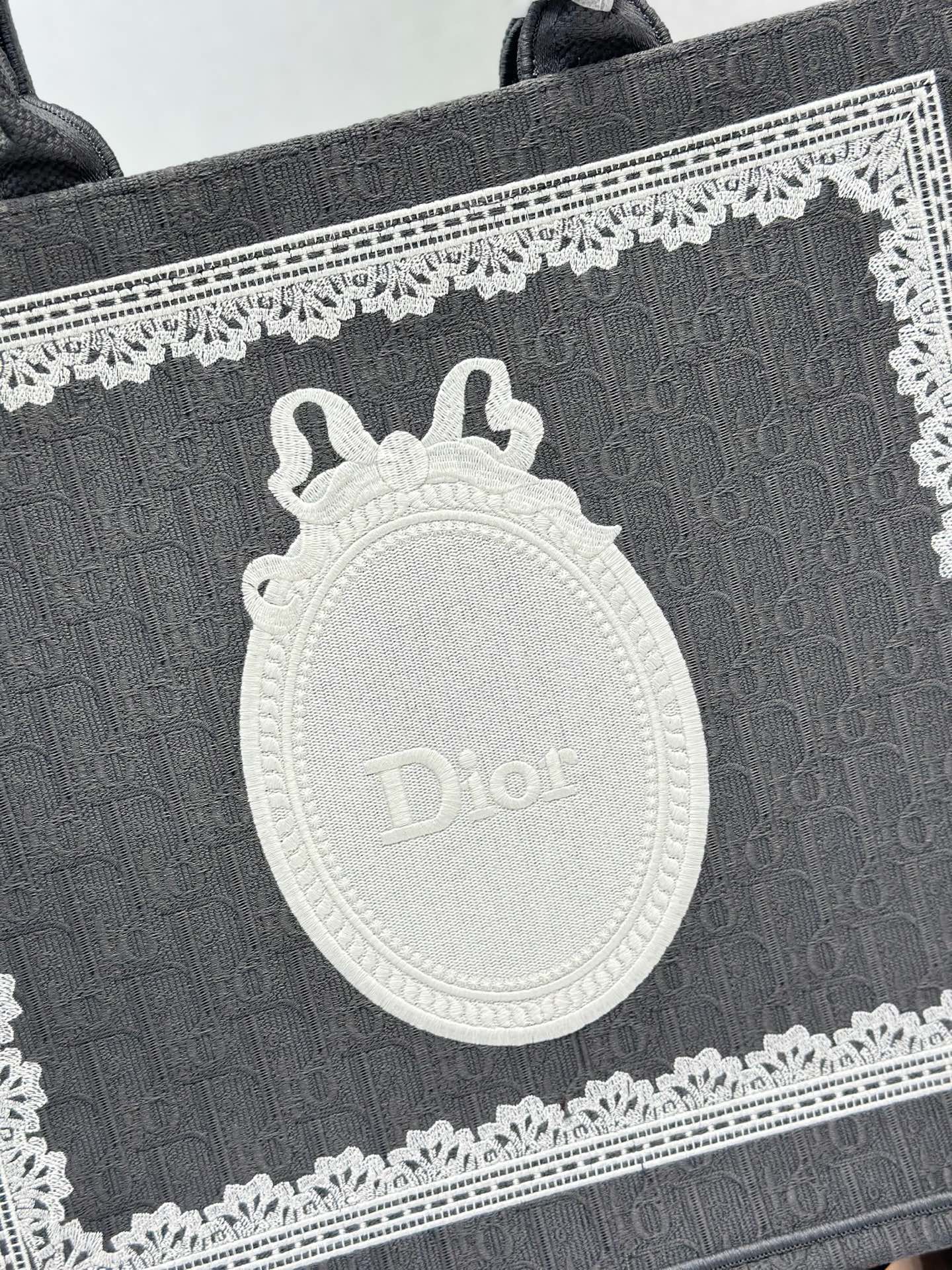 DIOR 26S BOOK TOTE BAG 42 IN GREY AND WHITE LACE BAYADERE FABRIC