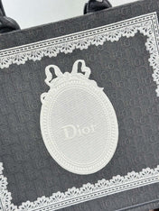 DIOR 26S BOOK TOTE BAG 42 IN GREY AND WHITE LACE BAYADERE FABRIC