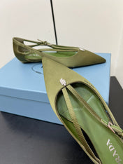 CUT-OUT BALLERINA FLAT IN OLIVE GREEN SATIN ATTACHED BEAD BUCKLE
