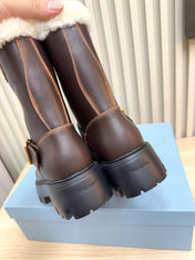 PRADA 25S MARTIN BOOTS IN DARK BROWN CALFSKIN FUR-LINED