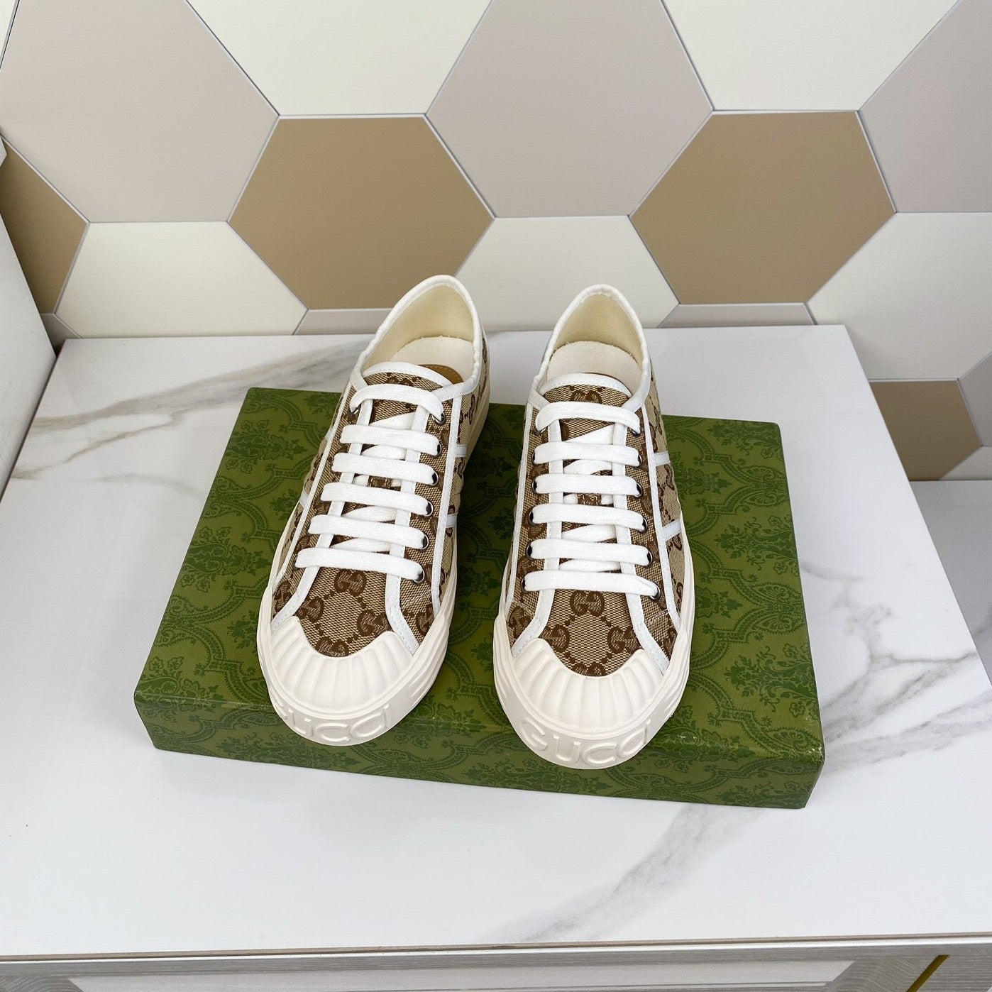GG JULIO SNEAKER WITH WEB BROWN PATTERNED CANVAS