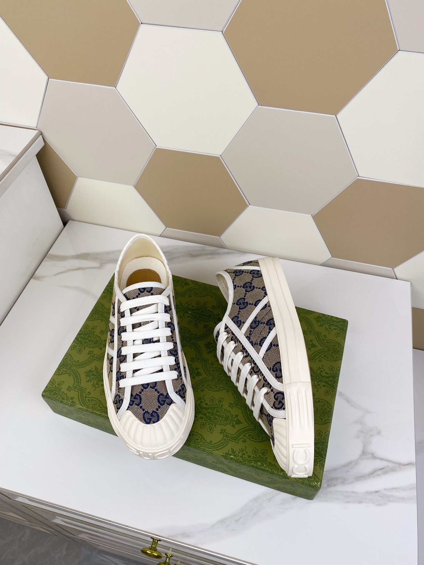 GG JULIO SNEAKER WITH WEB NAVY PATTERNED CANVAS