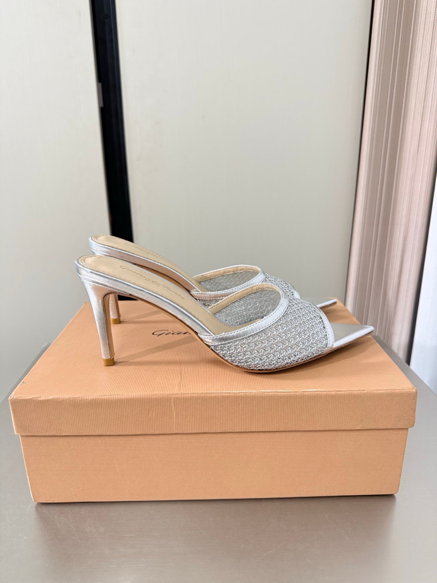 GIANVITO ROSSI 26S POINTED-TOE SANDALS 90 MM IN SILVER LAMBSKIN