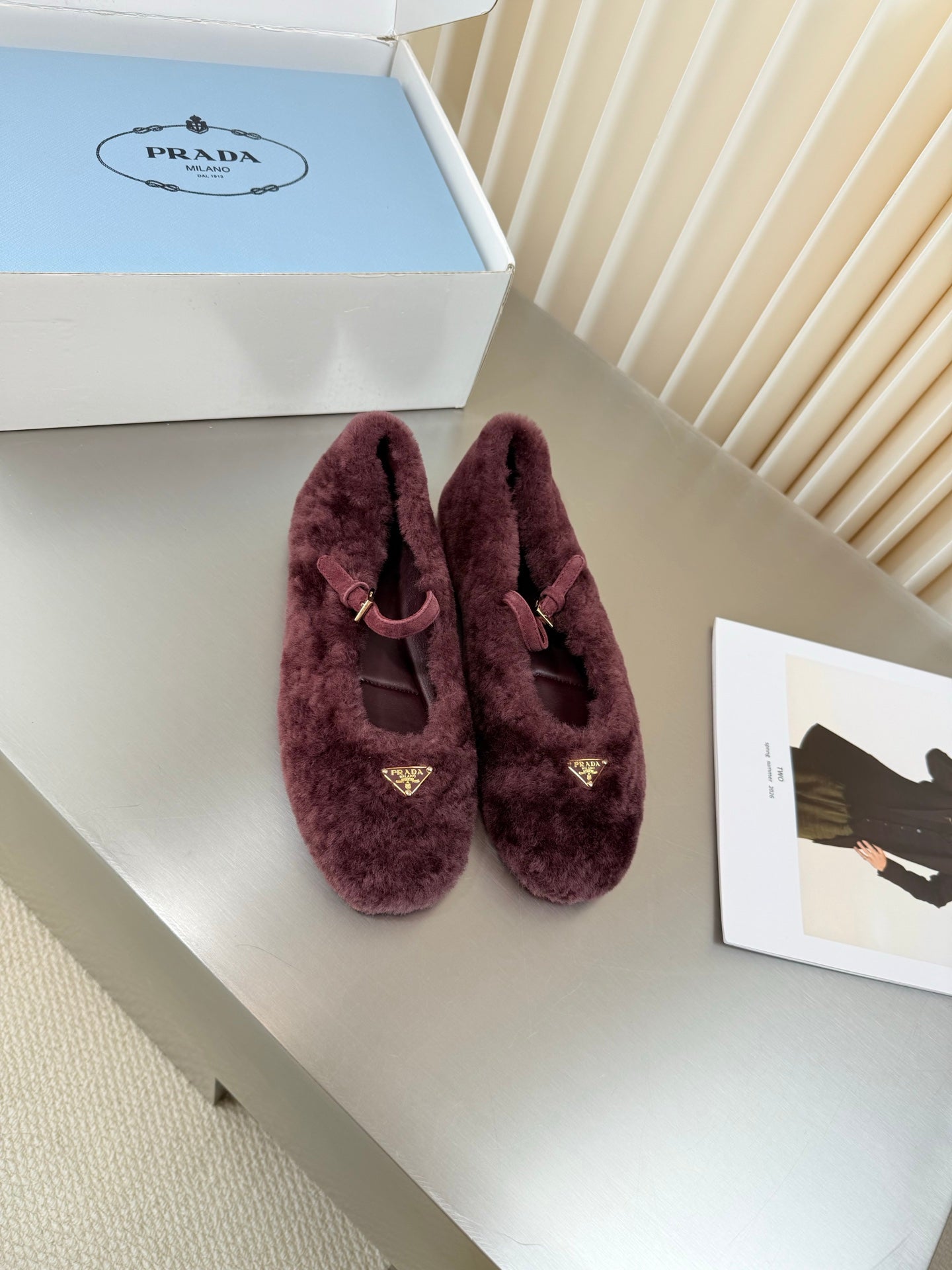 PRADA 26S MARY JANE BALLET IN MAROON RED SHEARLING