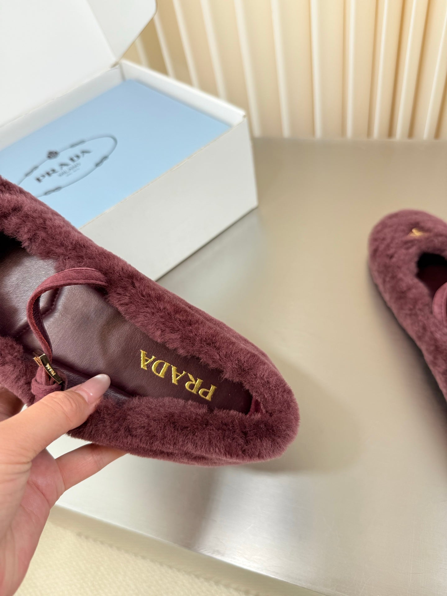 PRADA 26S MARY JANE BALLET IN MAROON RED SHEARLING
