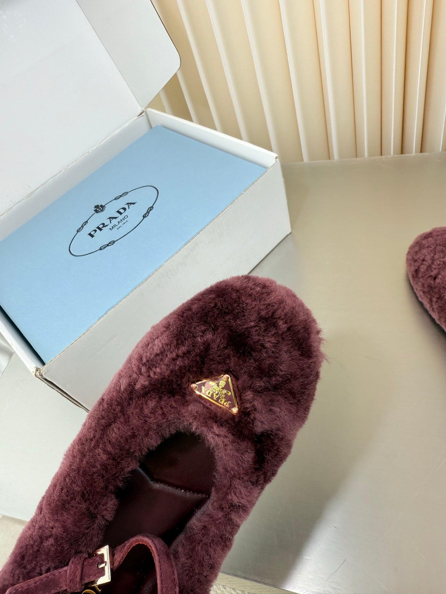 PRADA 26S MARY JANE BALLET IN MAROON RED SHEARLING