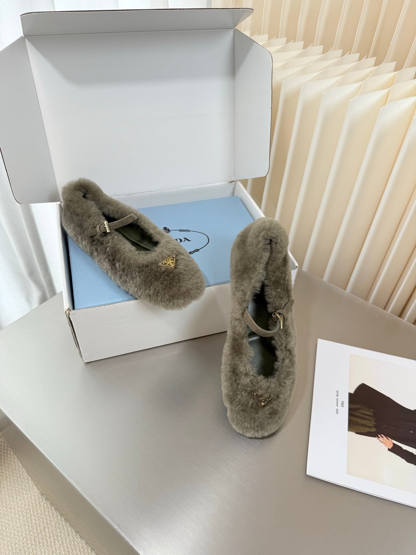 PRADA 26S MARY JANE BALLET IN TAUPE GREY SHEARLING