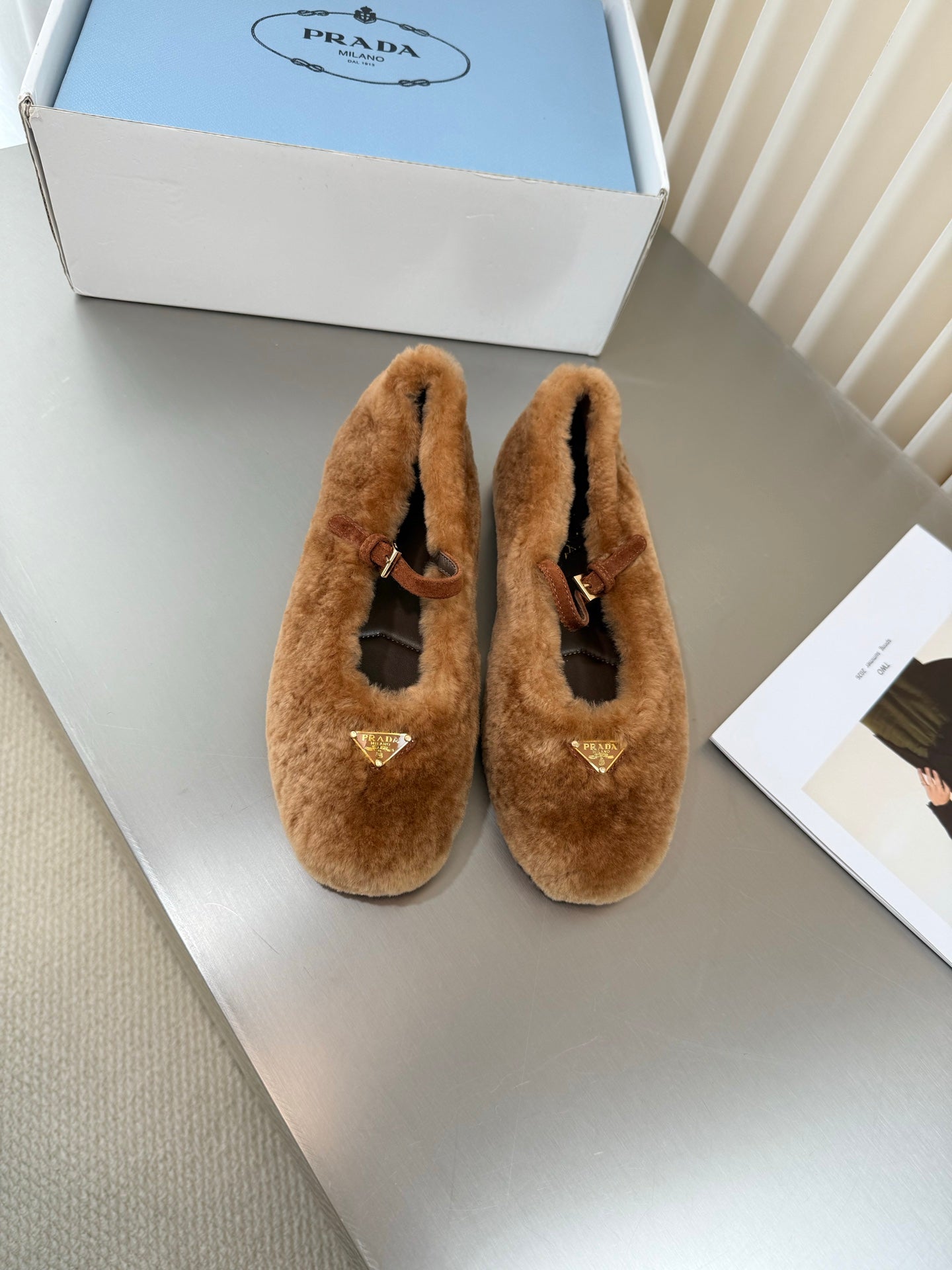 PRADA 26S MARY JANE BALLET IN BROWN SHEARLING
