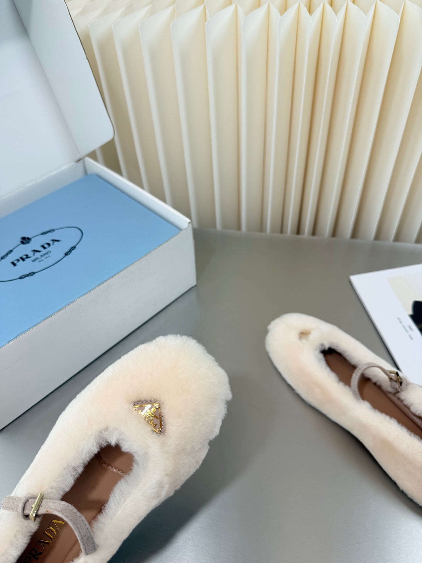 PRADA 26S MARY JANE BALLET IN CREAM WHITE SHEARLING