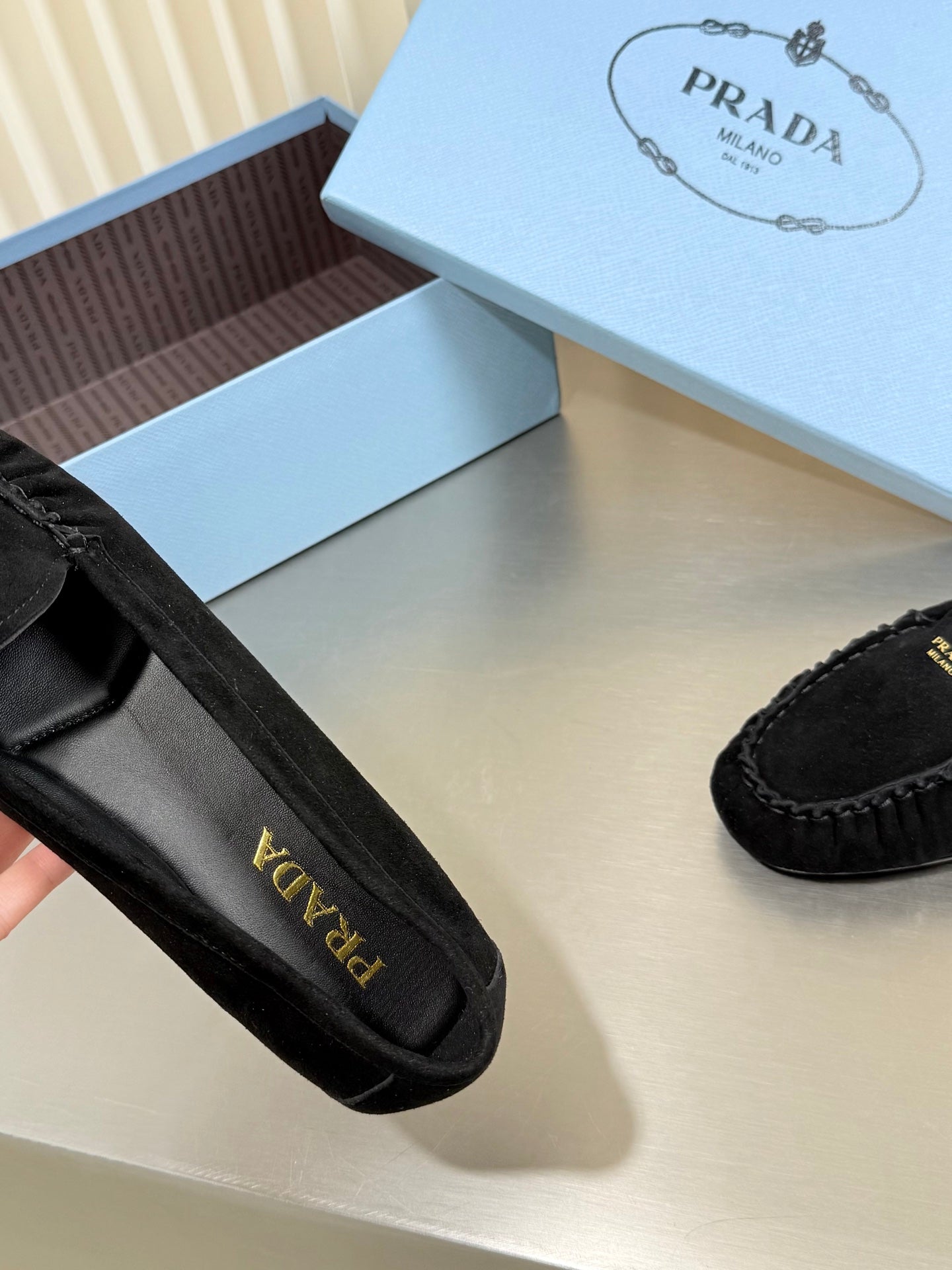 PRADA 26S CLASSIC LOAFERS IN BLACK SUEDE