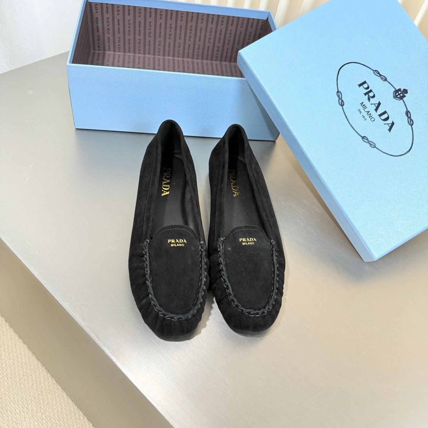 PRADA 26S CLASSIC LOAFERS IN BLACK SUEDE