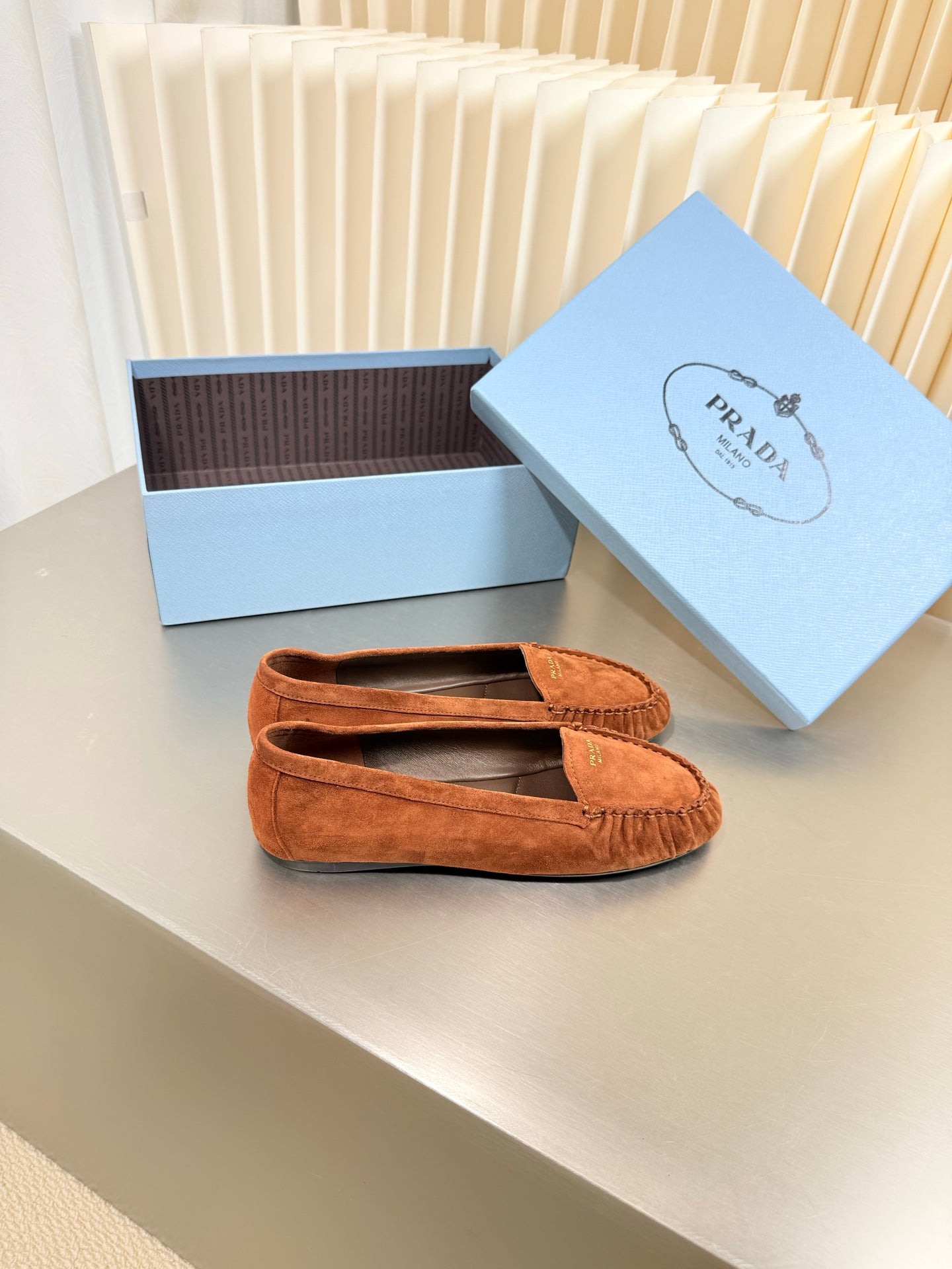 PRADA 26S CLASSIC LOAFERS IN COGNAC BROWN SUEDE