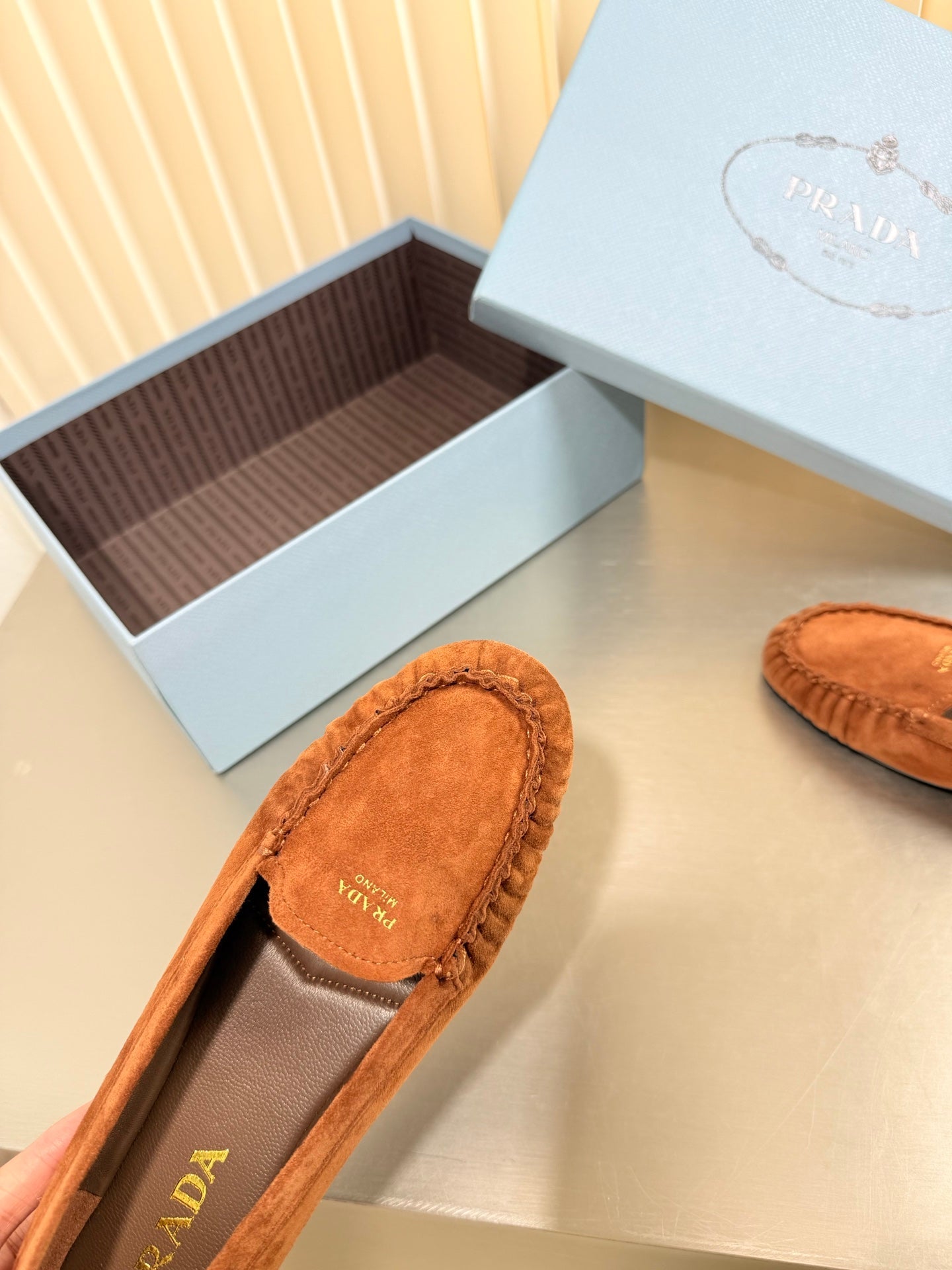 PRADA 26S CLASSIC LOAFERS IN COGNAC BROWN SUEDE