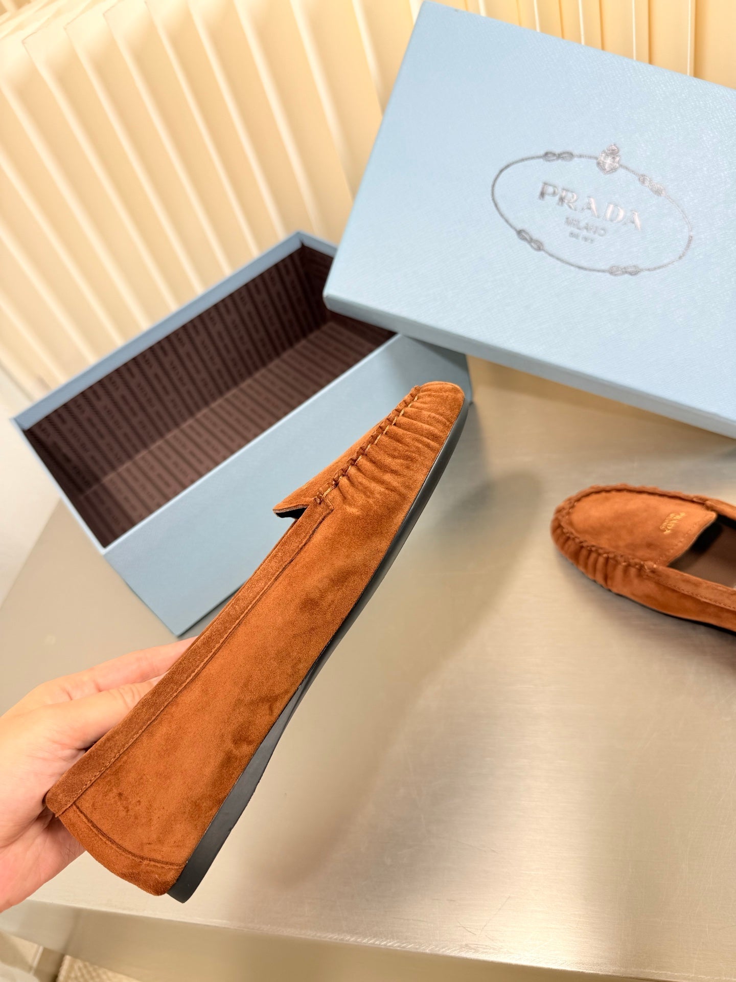 PRADA 26S CLASSIC LOAFERS IN COGNAC BROWN SUEDE