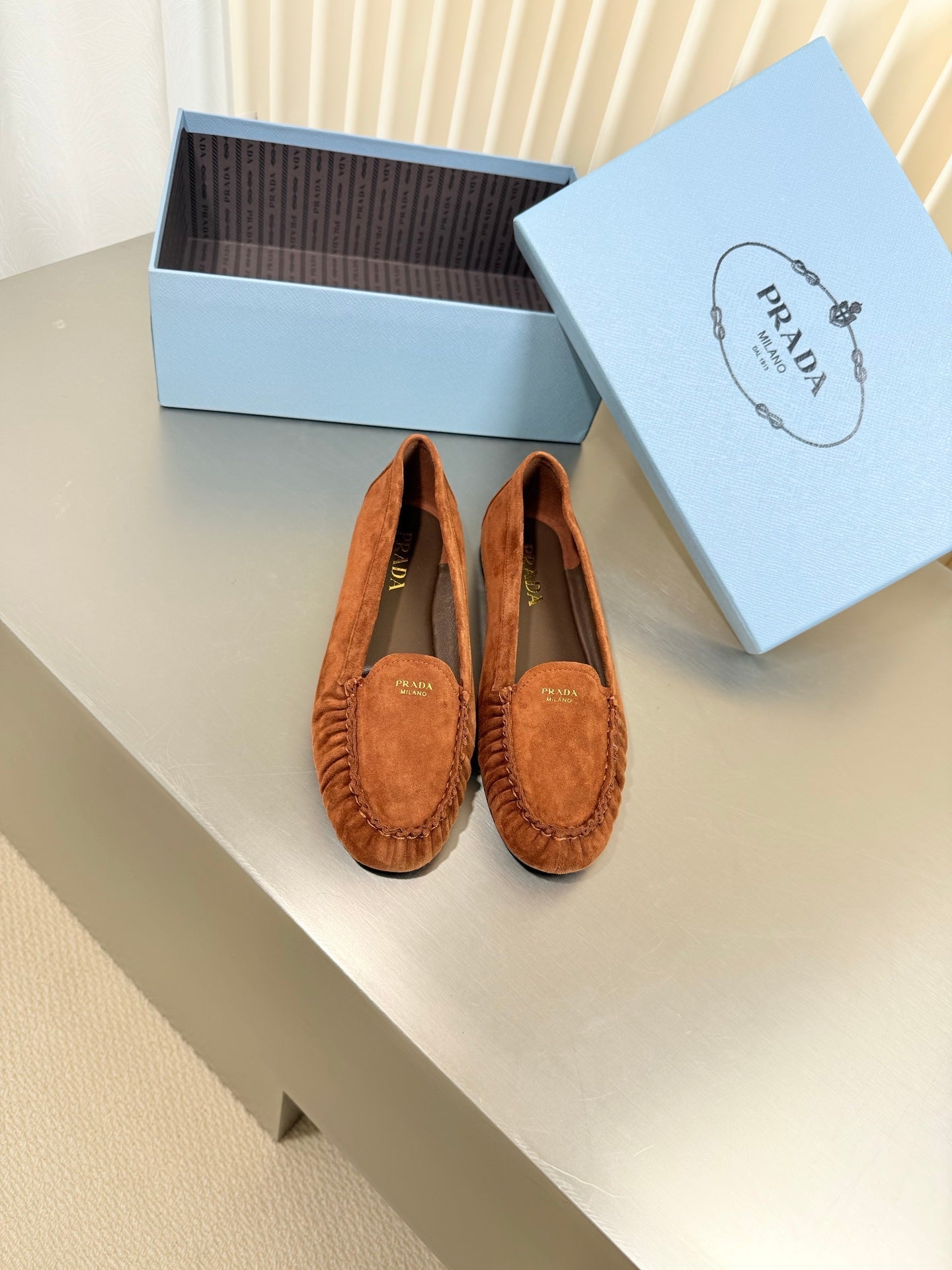 PRADA 26S CLASSIC LOAFERS IN COGNAC BROWN SUEDE
