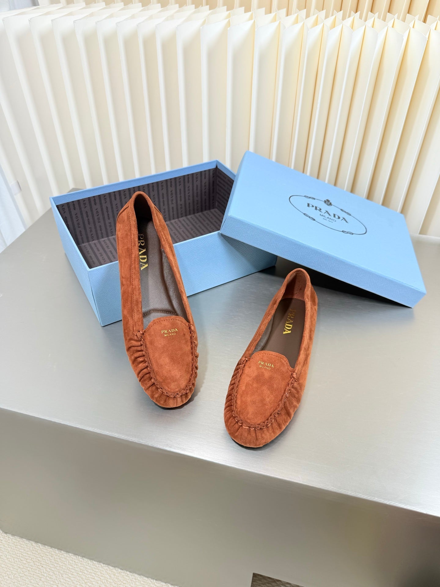 PRADA 26S CLASSIC LOAFERS IN COGNAC BROWN SUEDE