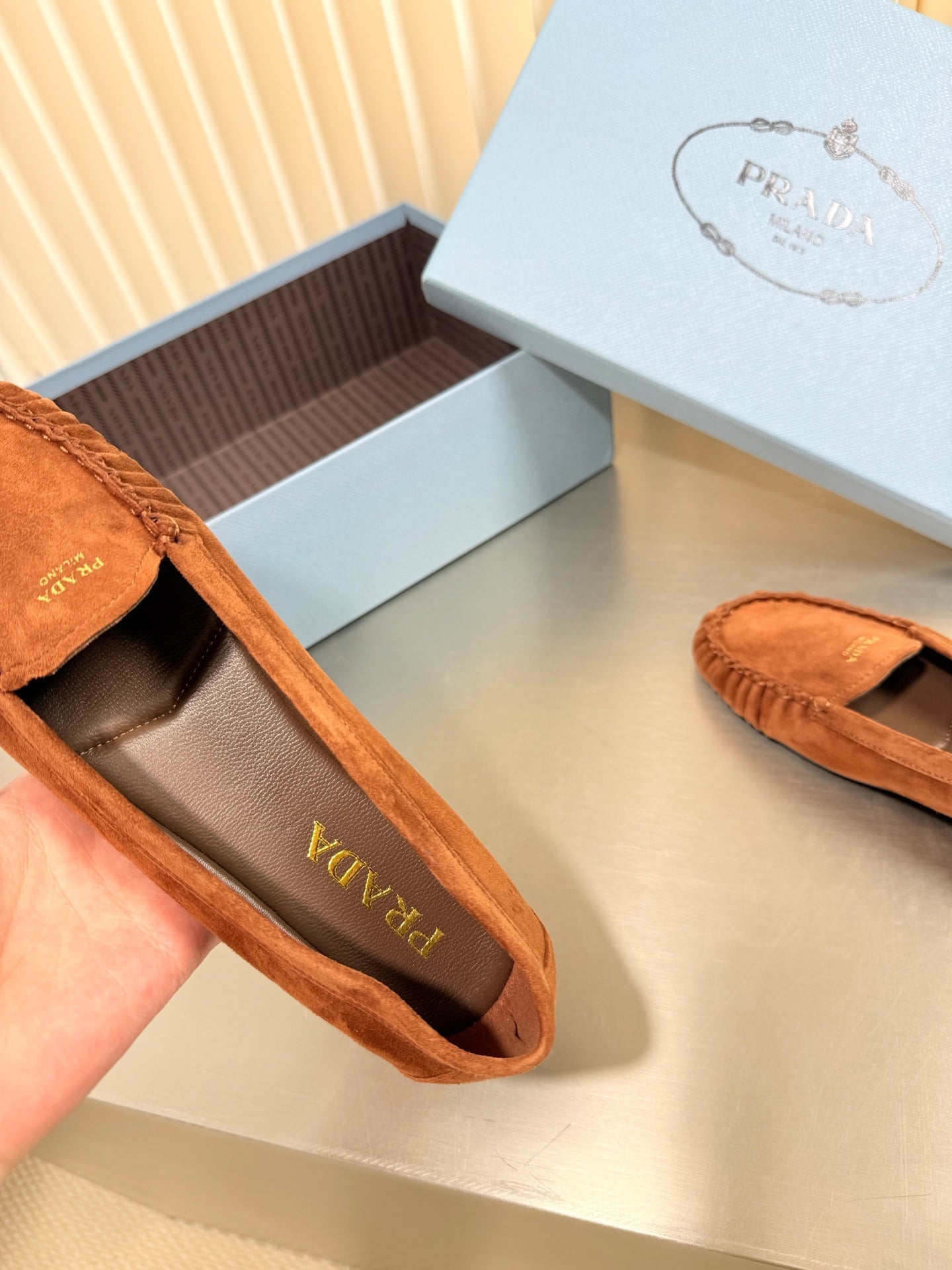 PRADA 26S CLASSIC LOAFERS IN COGNAC BROWN SUEDE
