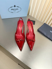 PRADA 26S POINTED-TOE SLINGBACK PUMPS IN RED PATENT CALFSKIN WITH BOW