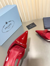 PRADA 26S POINTED-TOE SLINGBACK PUMPS IN RED PATENT CALFSKIN WITH BOW
