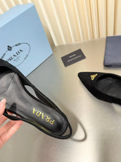PRADA 26S SLINGBACK FLATS IN BLACK SUEDE WITH GOLD HARDWARE