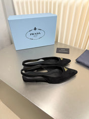 PRADA 26S SLINGBACK FLATS IN BLACK SUEDE WITH GOLD HARDWARE