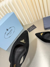 PRADA 26S SLINGBACK FLATS IN BLACK SUEDE WITH GOLD HARDWARE