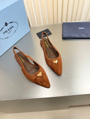 PRADA 26S SLINGBACK FLATS IN COGNAC BROWN SUEDE WITH GOLD HARDWARE