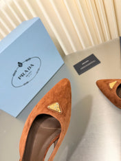 PRADA 26S SLINGBACK FLATS IN COGNAC BROWN SUEDE WITH GOLD HARDWARE
