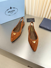 PRADA 26S SLINGBACK FLATS IN COGNAC BROWN SUEDE WITH GOLD HARDWARE