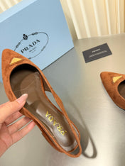 PRADA 26S SLINGBACK FLATS IN COGNAC BROWN SUEDE WITH GOLD HARDWARE