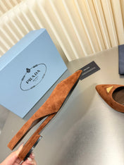 PRADA 26S SLINGBACK FLATS IN COGNAC BROWN SUEDE WITH GOLD HARDWARE