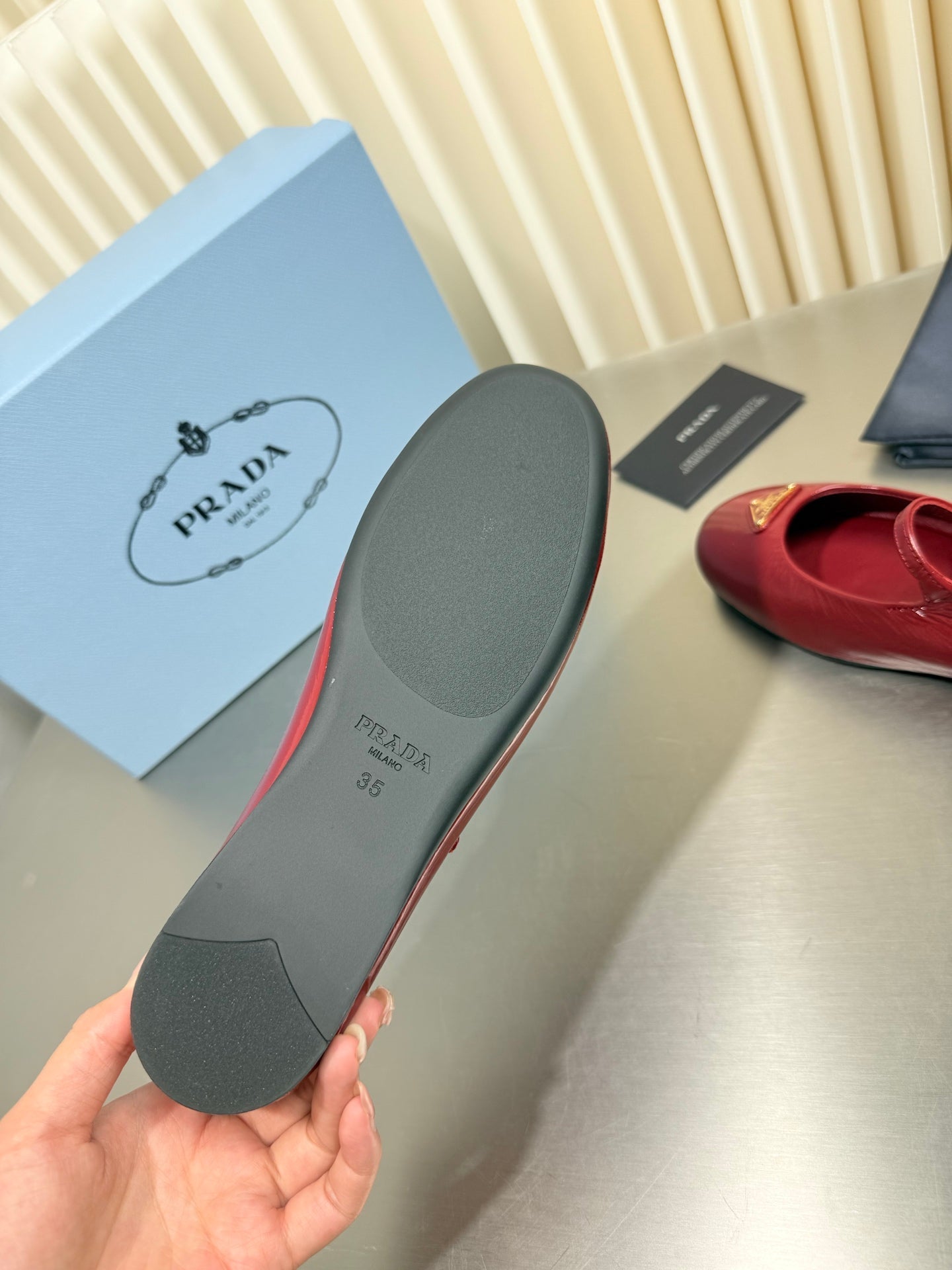 PRADA 26S MARY JANE FLATS IN RED CALFSKIN