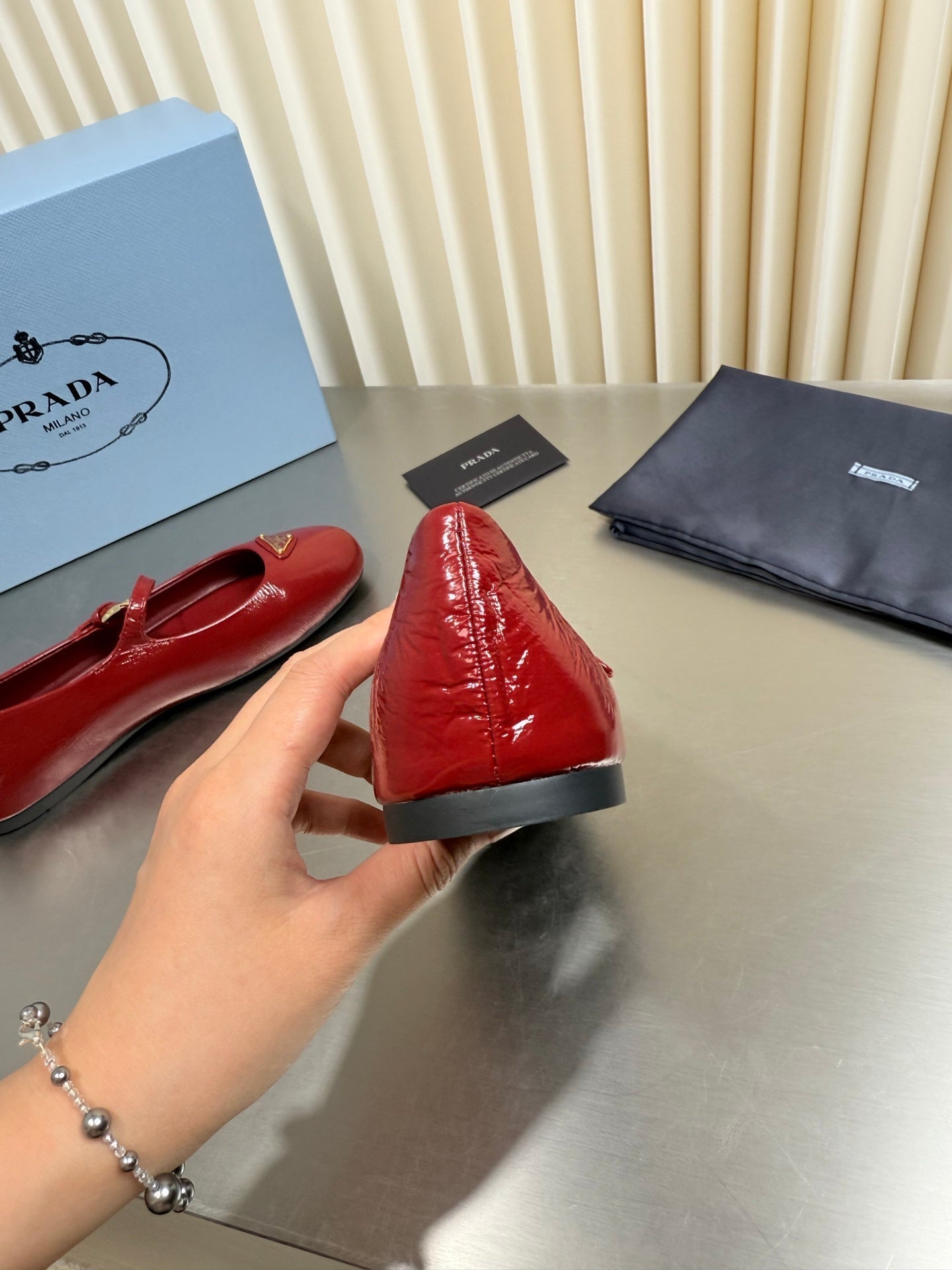 PRADA 26S MARY JANE FLATS IN RED CALFSKIN