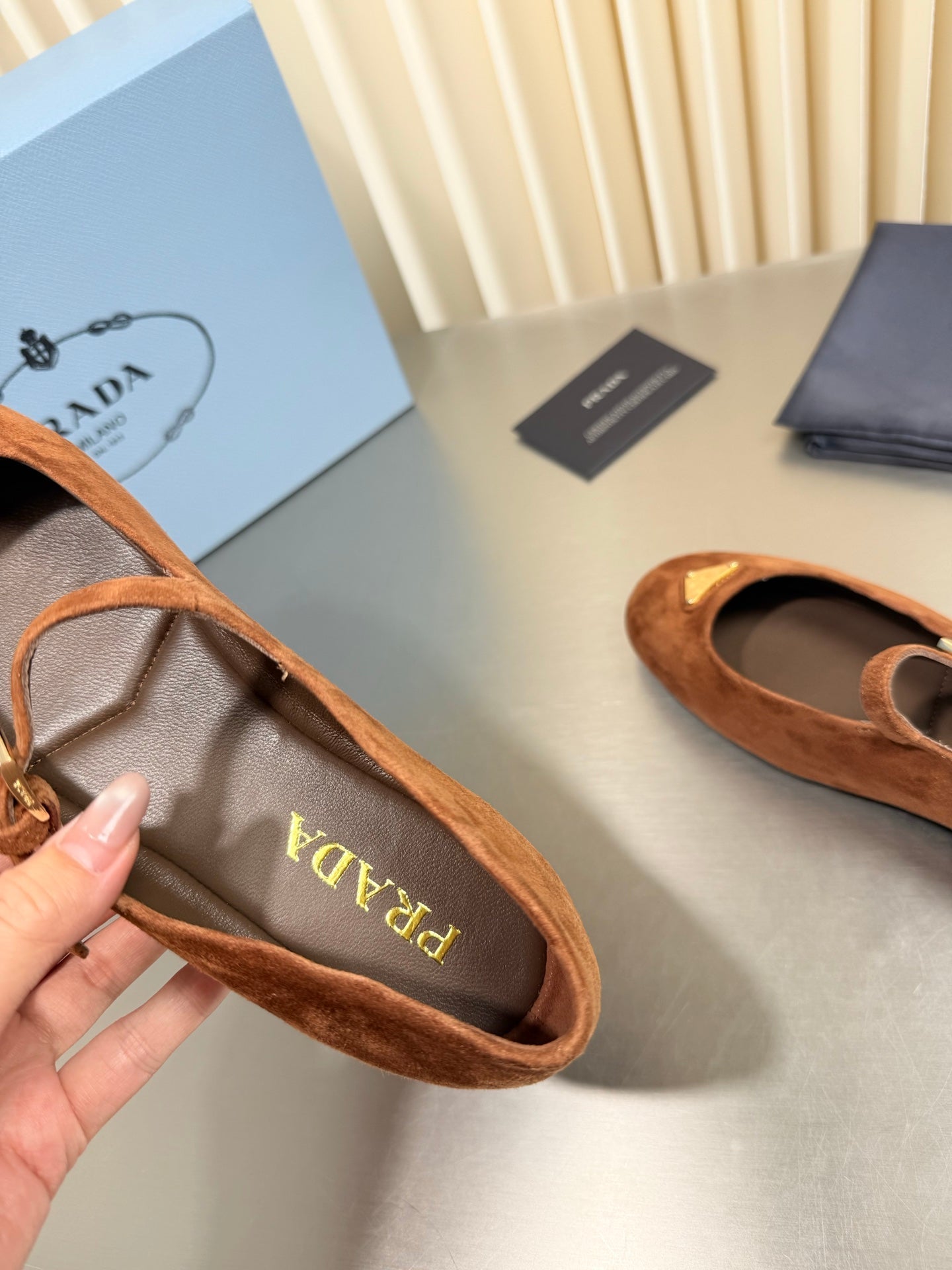 PRADA 26S MARY JANE FLATS IN COGNAC BROWN SUEDE