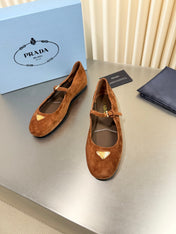 PRADA 26S MARY JANE FLATS IN COGNAC BROWN SUEDE