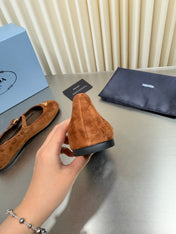PRADA 26S MARY JANE FLATS IN COGNAC BROWN SUEDE