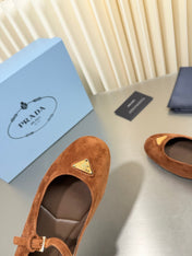 PRADA 26S MARY JANE FLATS IN COGNAC BROWN SUEDE