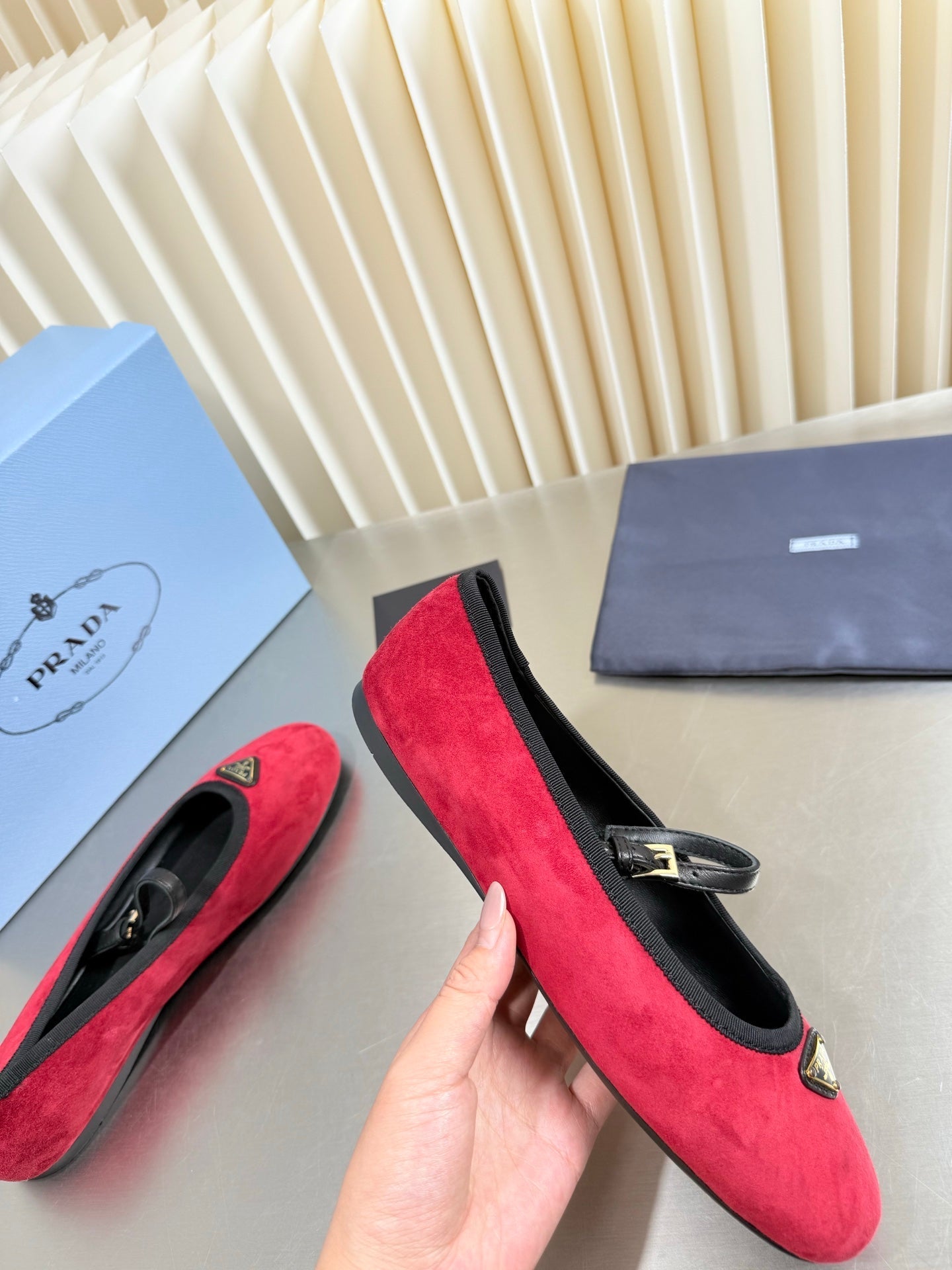 PRADA 26S MARY JANE FLATS IN RED SUEDE