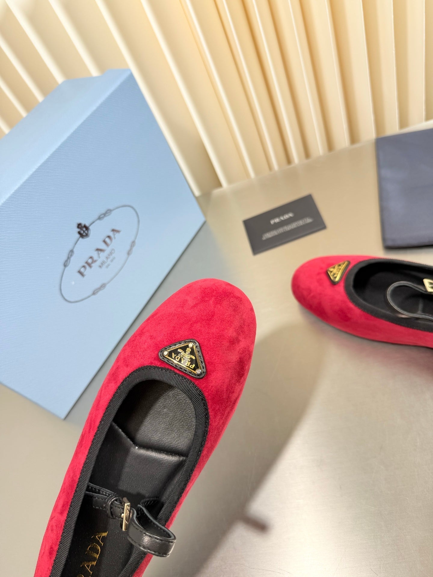 PRADA 26S MARY JANE FLATS IN RED SUEDE