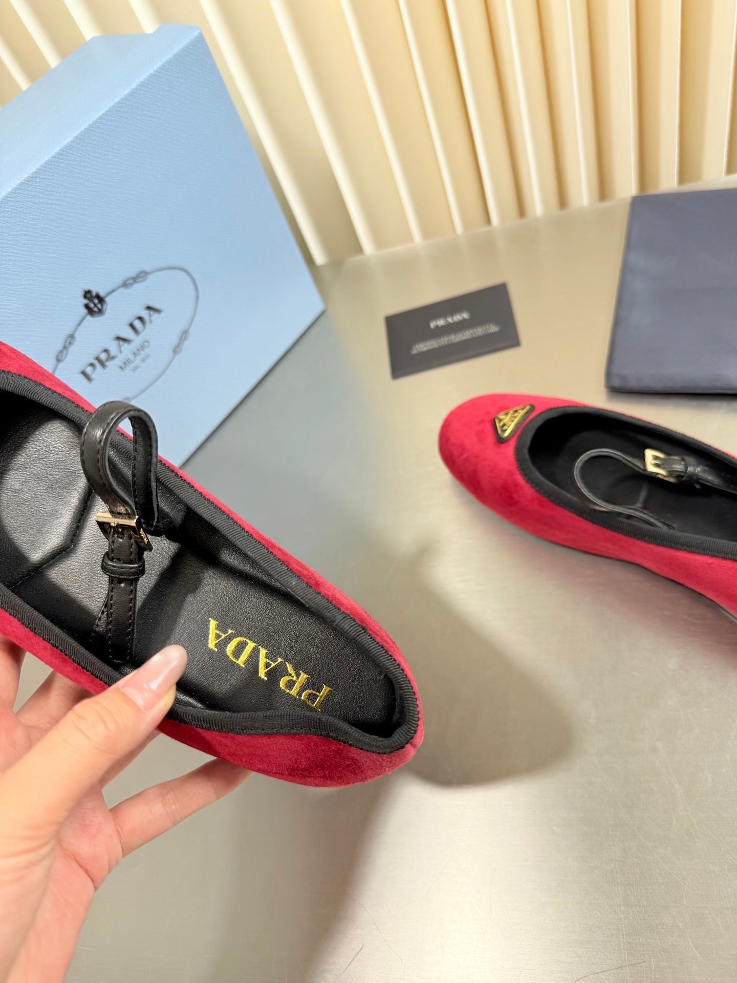 PRADA 26S MARY JANE FLATS IN RED SUEDE