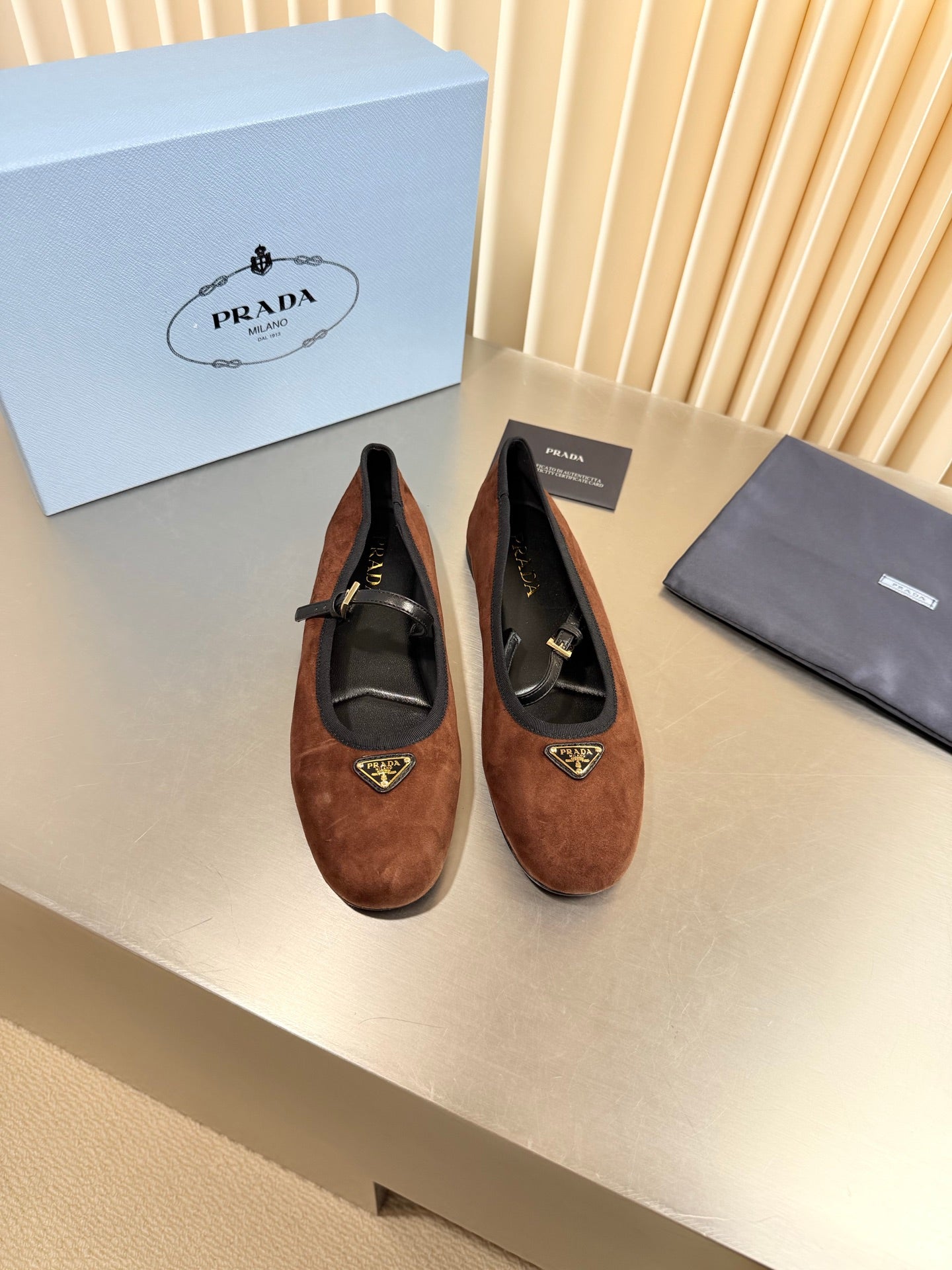 PRADA 26S MARY JANE FLATS IN BROWN SUEDE