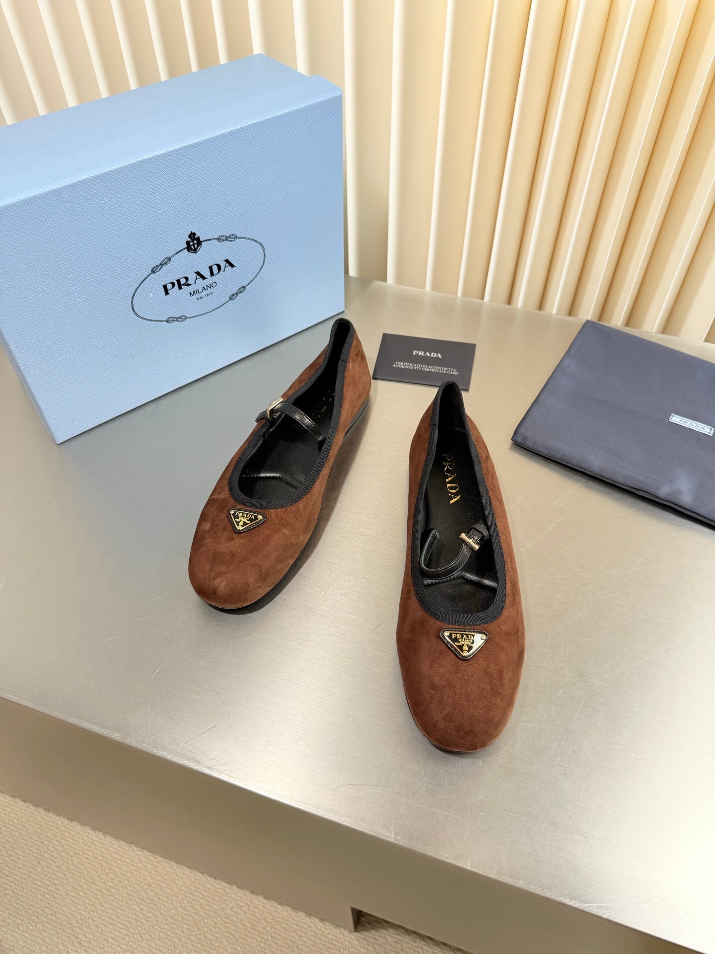PRADA 26S MARY JANE FLATS IN BROWN SUEDE
