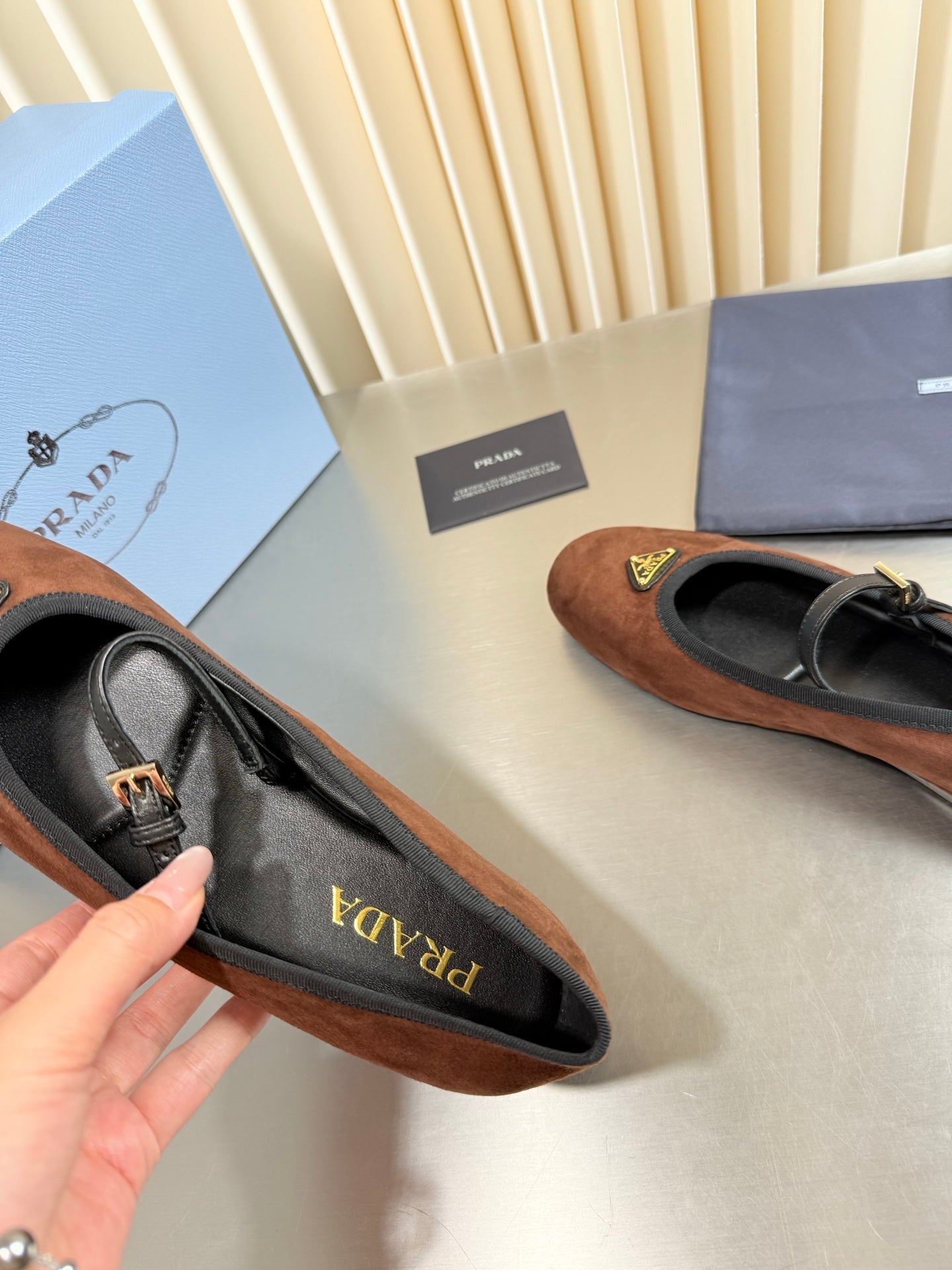 PRADA 26S MARY JANE FLATS IN BROWN SUEDE